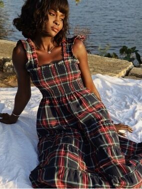 Hill House Nap Dress in Dark Green Plaid with Red and Yellow Accents